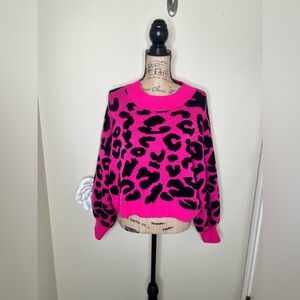 NTM: Vanilla Bay Bright Pink & Black Leopard Print Cropped Fuzzy Sweater Sz L